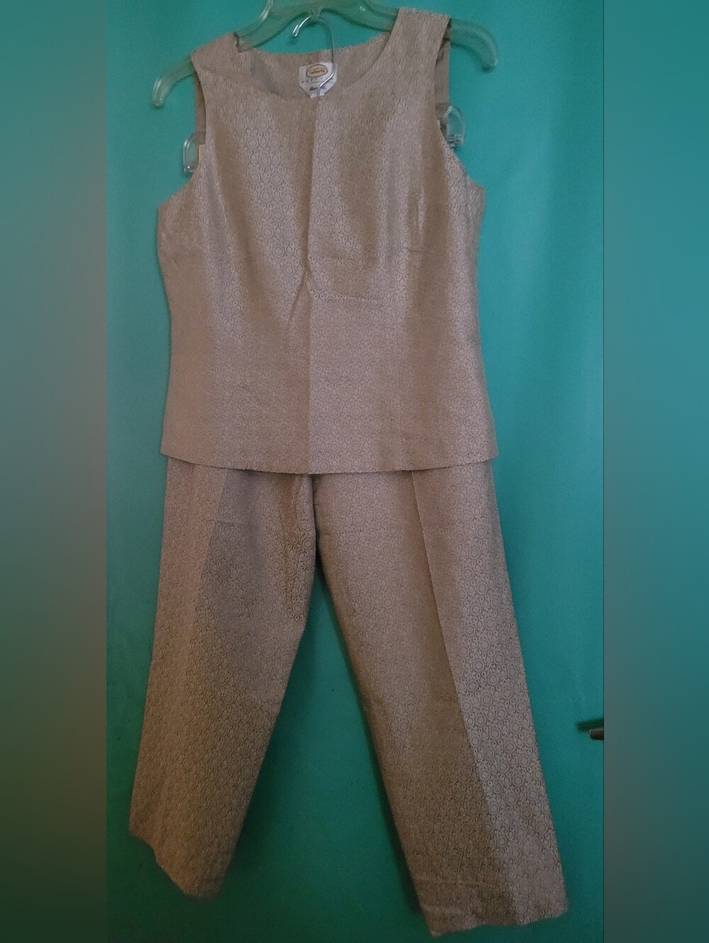 Talbots Petites Womens Sleeveless Jacquard Pantsuit in Light Beige